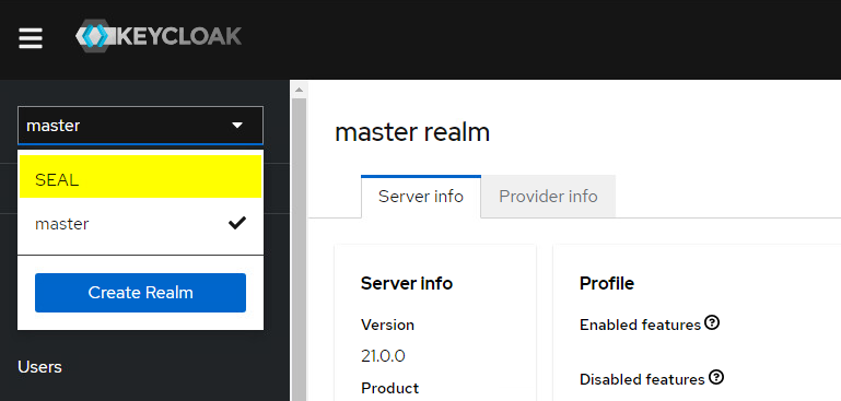 You find the dropdown menu to select the keycloak real at the top of the left sidebar menu.